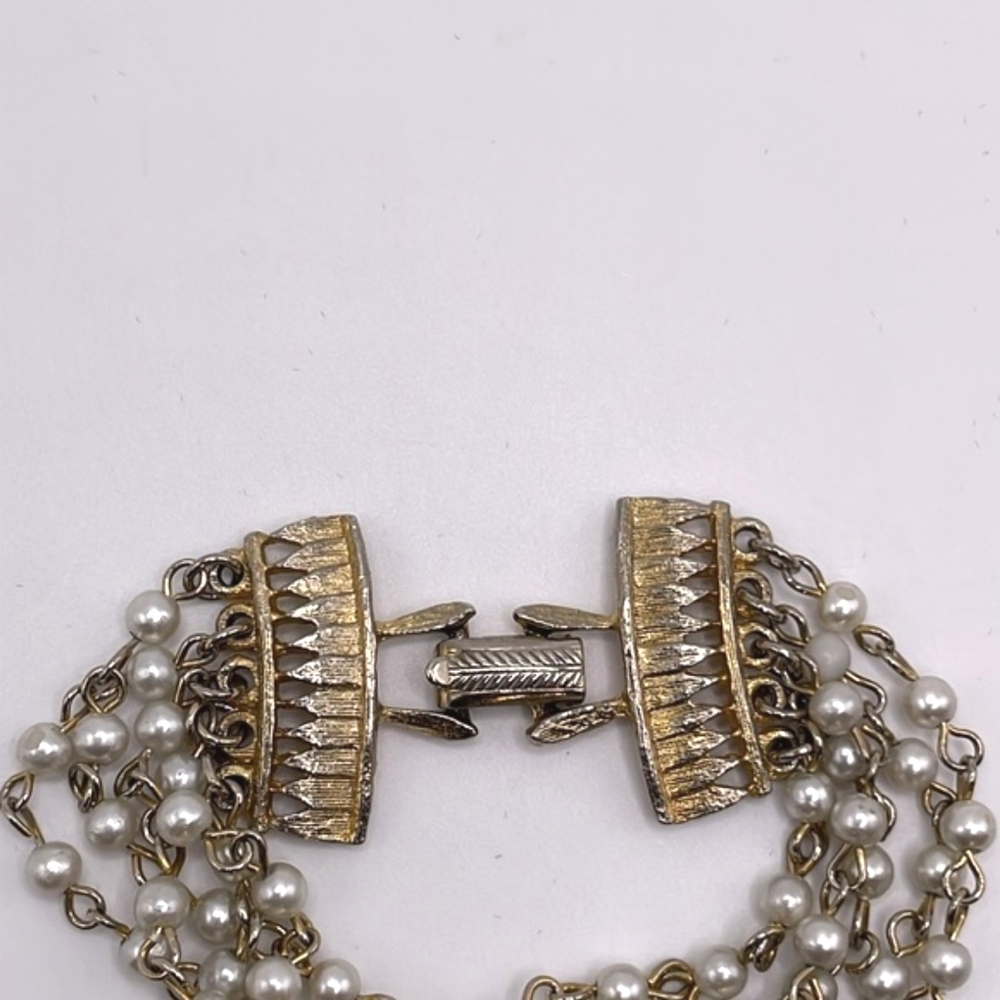 Coro Signed Vintage Gold Tone Faux Pearl Multi Strand Bracelet - Picture 2 of 6
